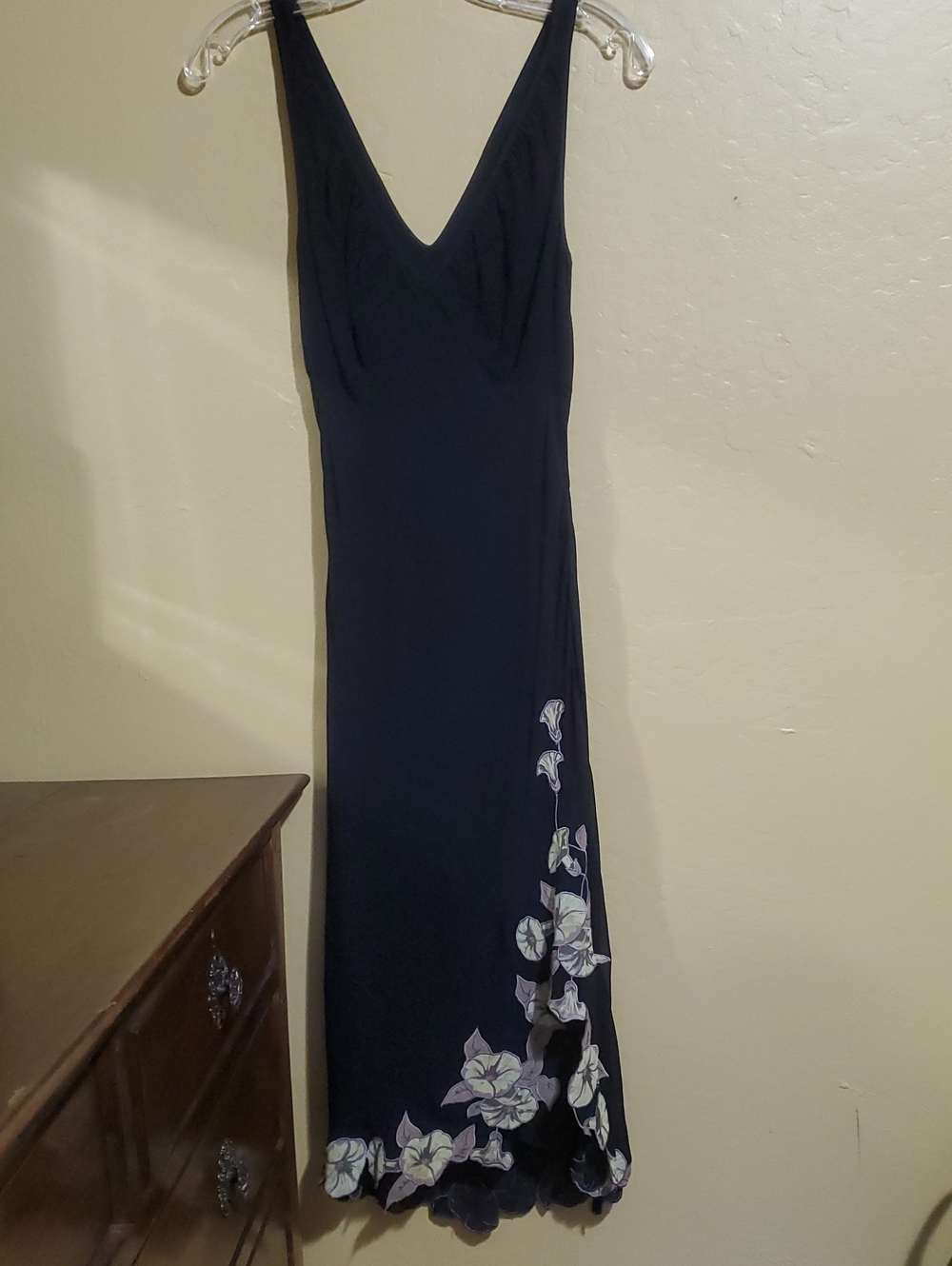 Black Floral-Trim V-Neck Women's Dress